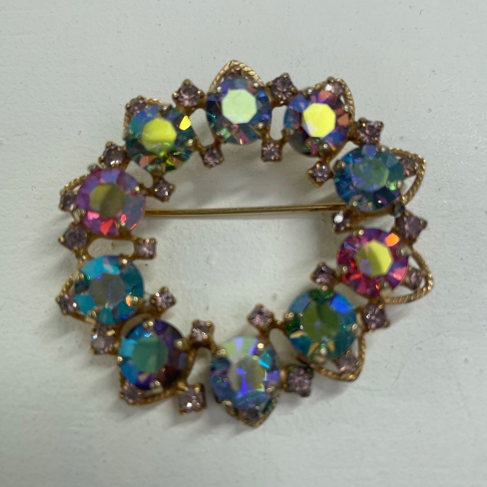 Joseph Warner Brooch Women Multicolor Vintage 1950s Aurora Borealis Rhinestone